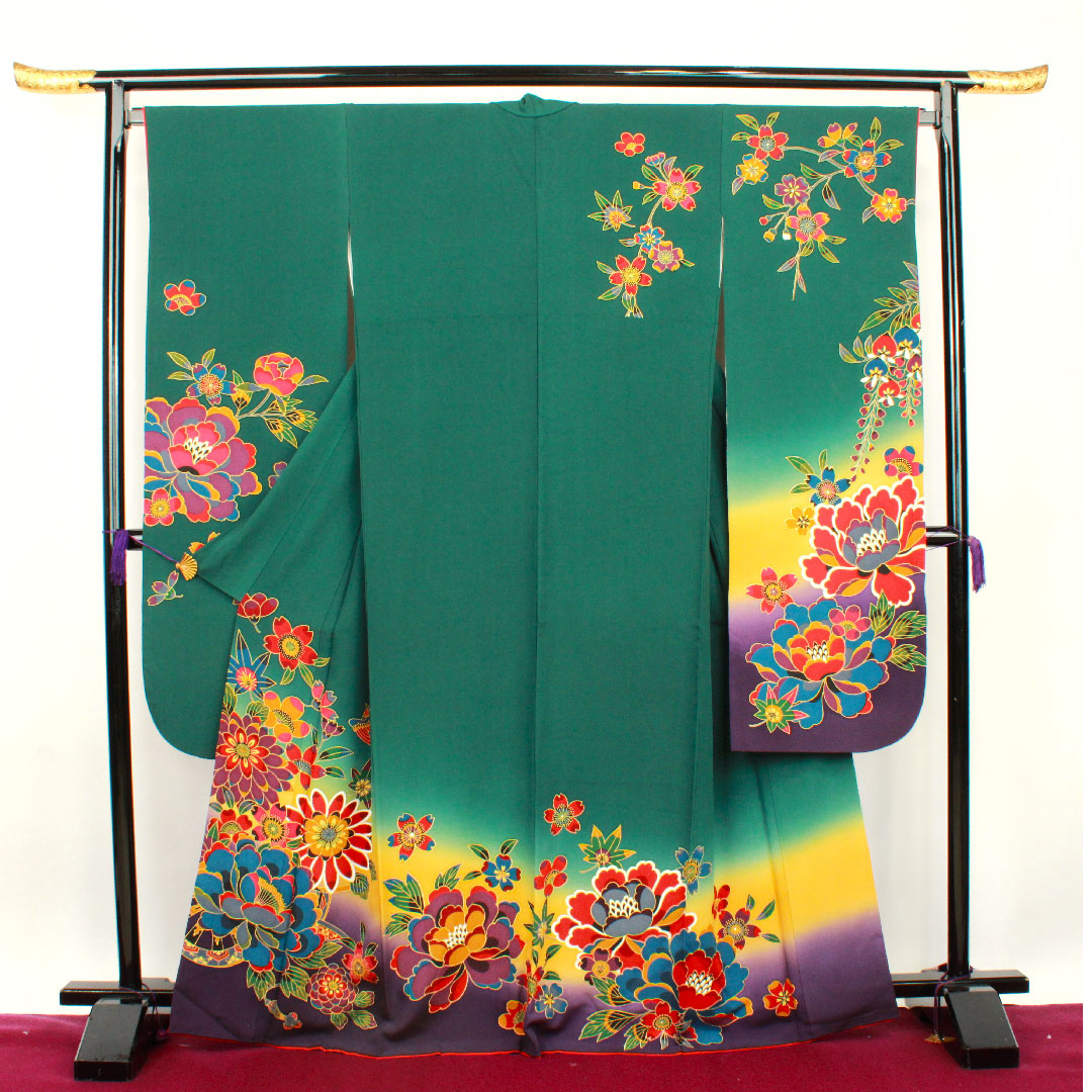 振袖 身丈166cm 裄丈68.5cm 袷  鉄色 桜 菊  正絹 Sランク 緑系 1113000972519