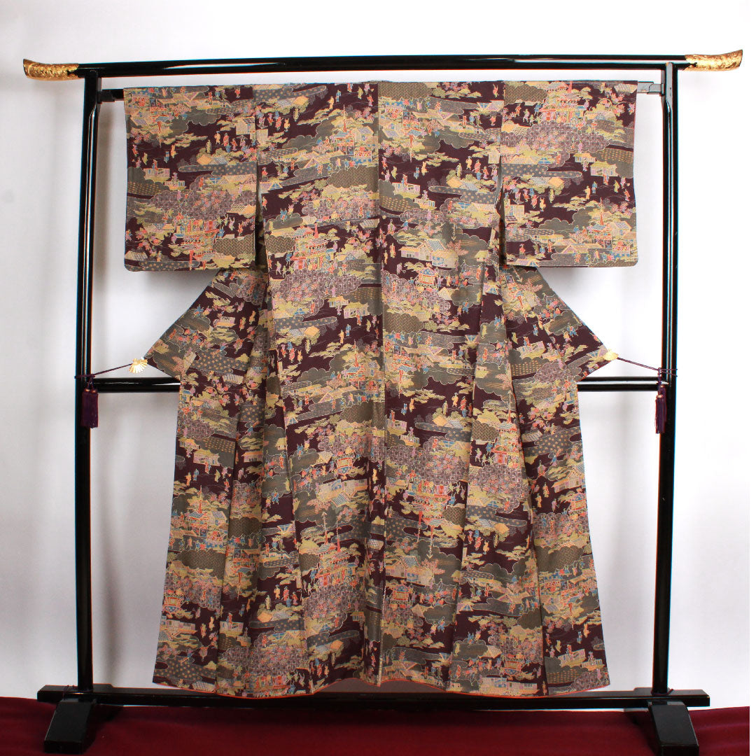 小紋 身丈153.5cm 裄丈65cm 袷  紫烏色 時代人物風景模様  正絹 Sランク 紫系 1115002322220