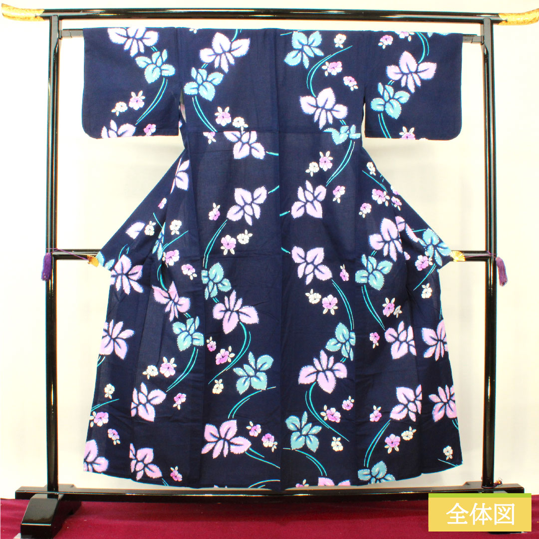 Yukata Cotton Length 156cm Sleeve length 64.5cm S rank Single layer Navy Deep navy Iris Camellia 1118005182318