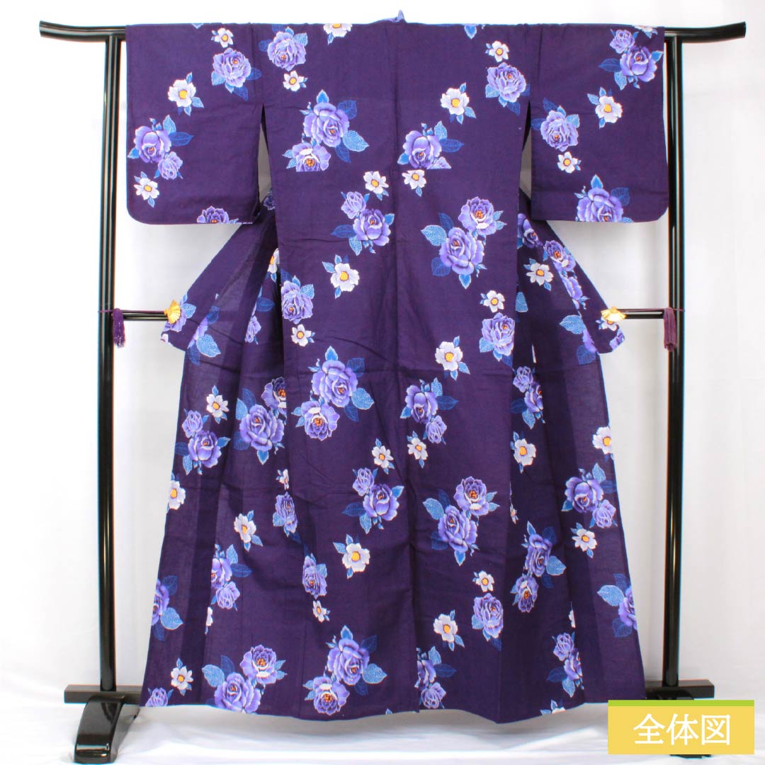浴衣 木綿 身丈160.5cm 裄丈62cm Sランク 単衣 紫系 紫紺色（しこんいろ） 薔薇 1118005342420