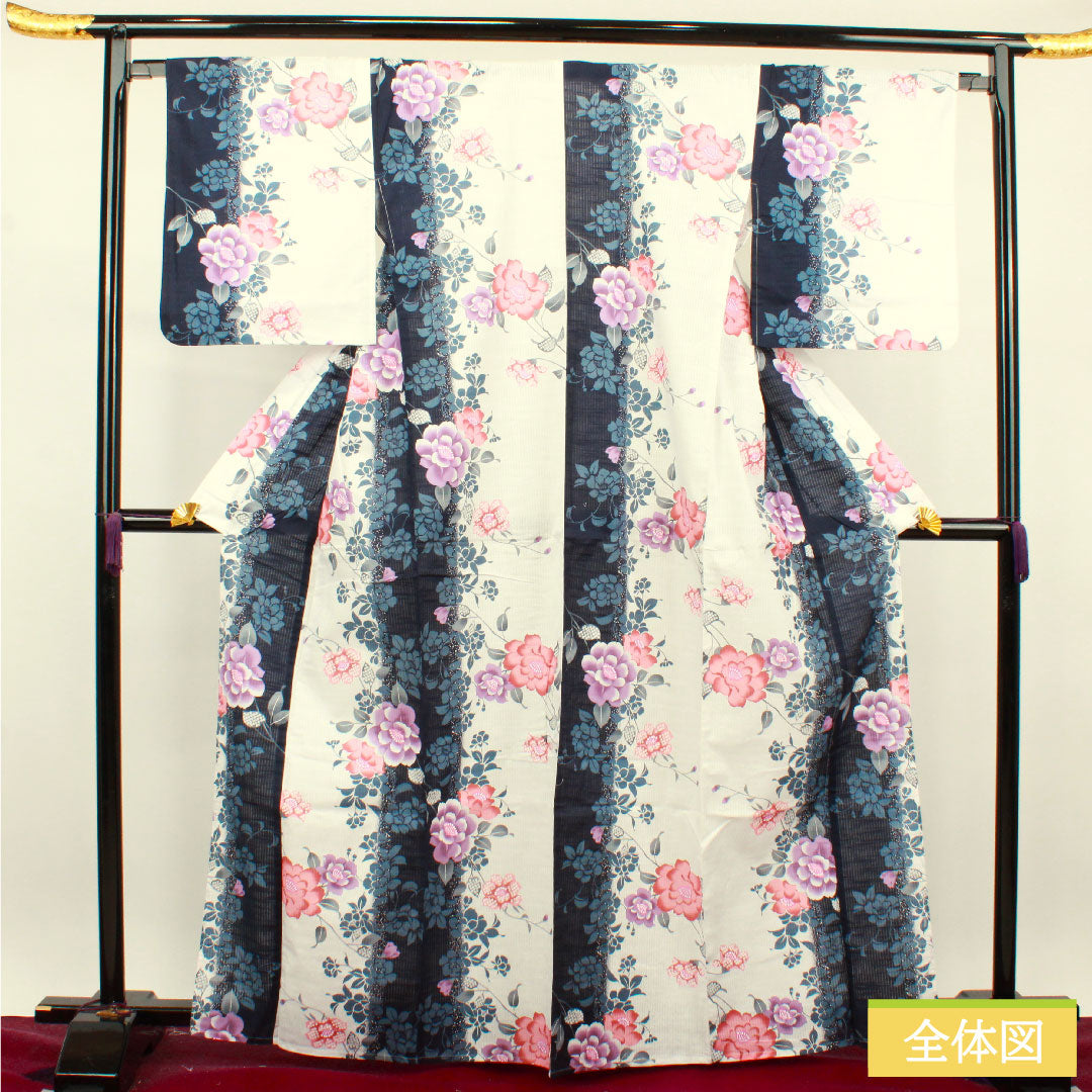 Yukata Cotton Length 166cm Sleeve length 67cm S rank Single layer White Vertical silk Peony 1118004752511