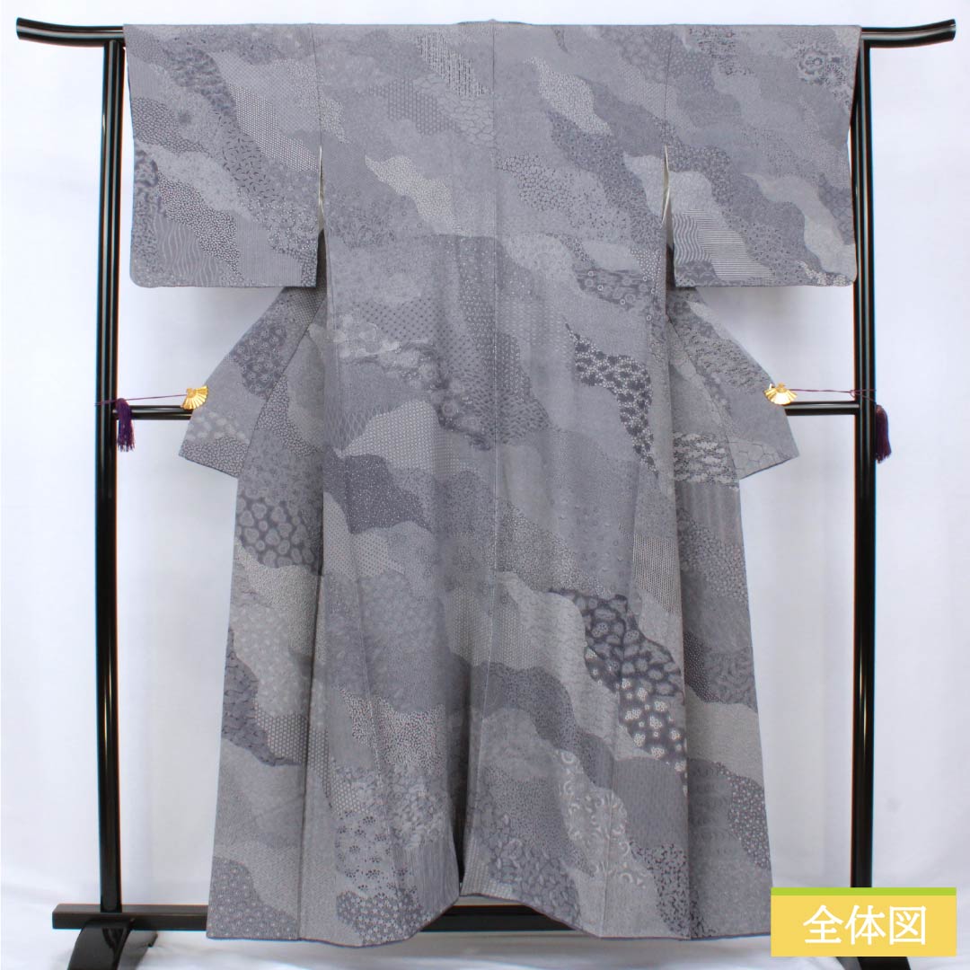 Visiting Kimono, Pure Silk, A-Rank, Lined, Length 155cm, Sleeve Length 64.5cm, Grape Gray (Budounezuiro) Color, Edo Komon Pattern, Stencil Dyed, Pearl Tone Finish, Auspicious Motifs, Purple, Product Number: 1112006183320