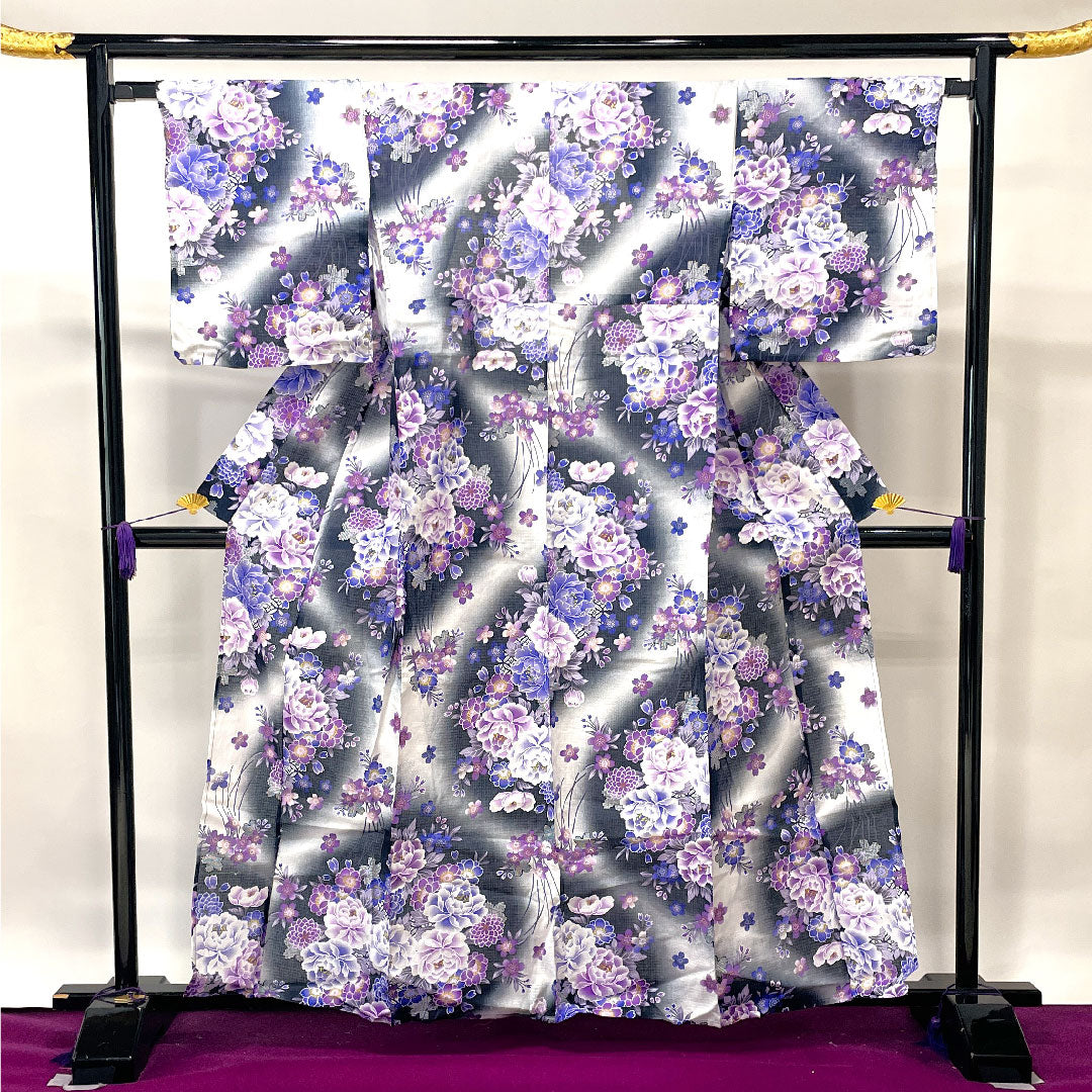 浴衣 桜 木綿 Sランク 単衣 身丈162cm 裄丈66cm 黒系 1118001502410