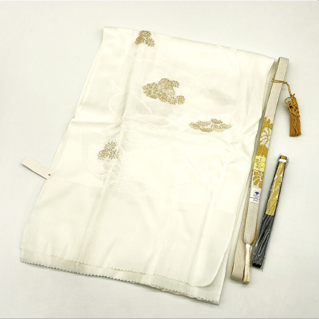 Unused: Obiage and Obijime Set, Pure Silk, NEW Rank, White, for Tomesode Kimono, Classic Fan Pattern, Length approx. 162cm, Width approx. 1.7cm, Formal, White Color Scheme, 1141000401311