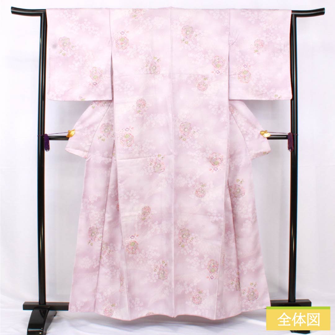 Small pattern, polyester, length 158.5cm, sleeve length 64cm, lined, white wisteria color, washable kimono, small flowers, mirror, basting thread included, A rank, purple, 1115005173320