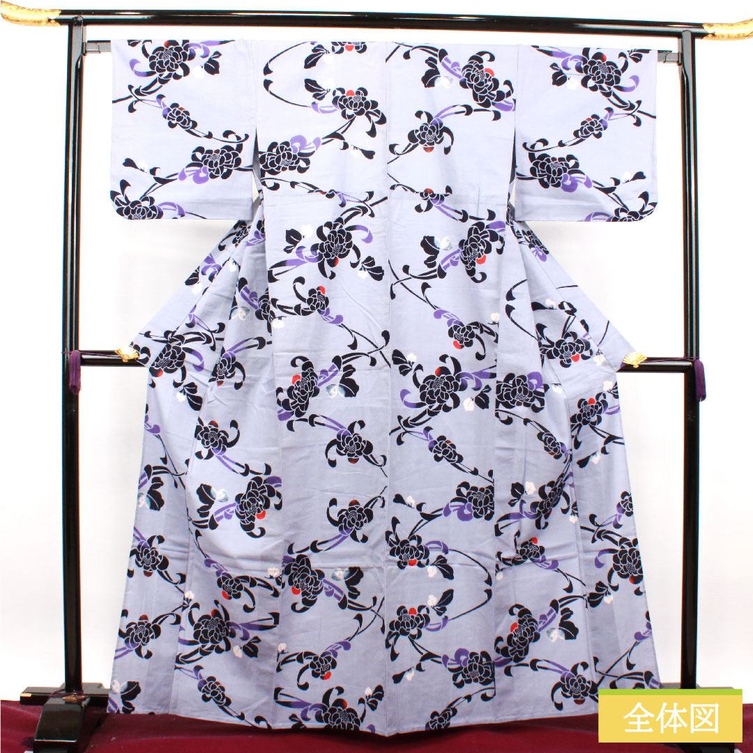 浴衣 木綿 身丈164cm 裄丈65.5cm Aランク 単衣 グレー系 白菫色（しろすみれいろ） 菊 1118004873422