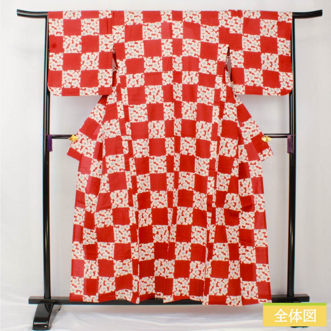 Yukata Cotton Length 157cm Sleeve length 67cm B rank Single layer Vermilion Deep maple color (Koimomijiiro) Checkered pattern Cherry blossoms Fumatsuan 1118005524316