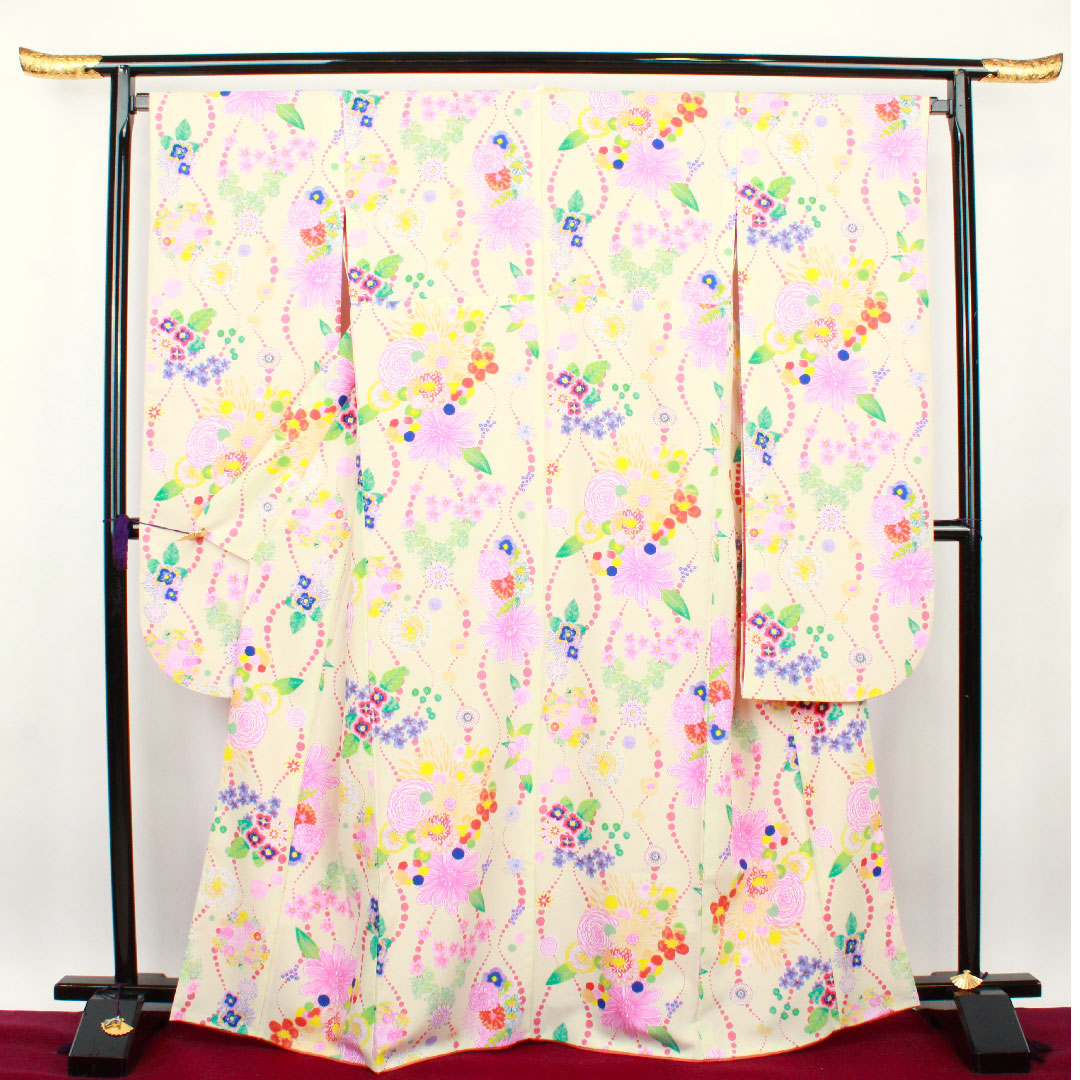 振袖 身丈166cm 裄丈68cm 袷  象牙色 洗える着物 花模様  ポリ Sランク クリーム系 1113001032515