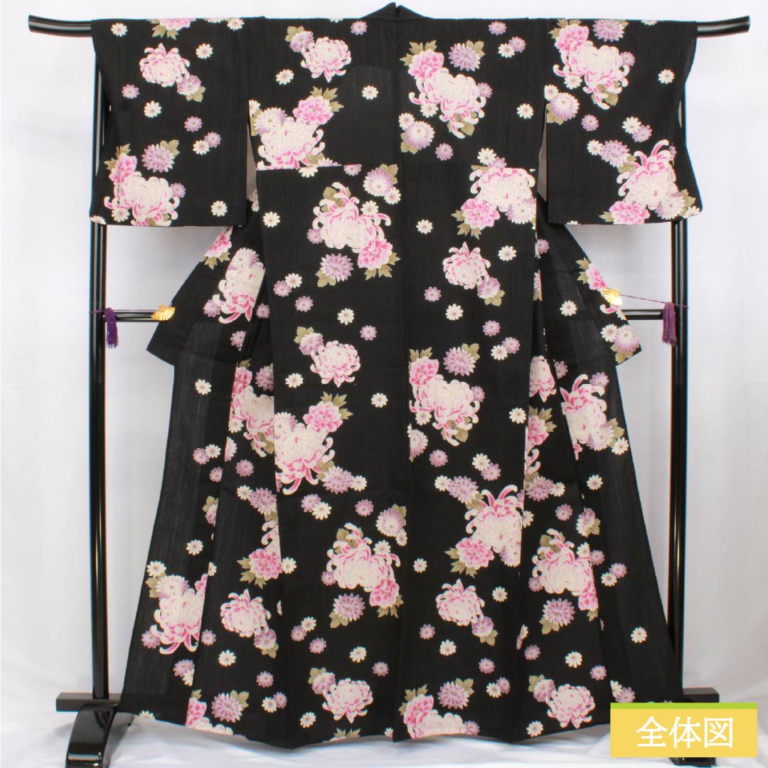 Cotton Yukata, Length 164cm, Sleeve Length 69.5cm, S Rank, Single Layer, Black, Chrysanthemum Design, 1118006282410