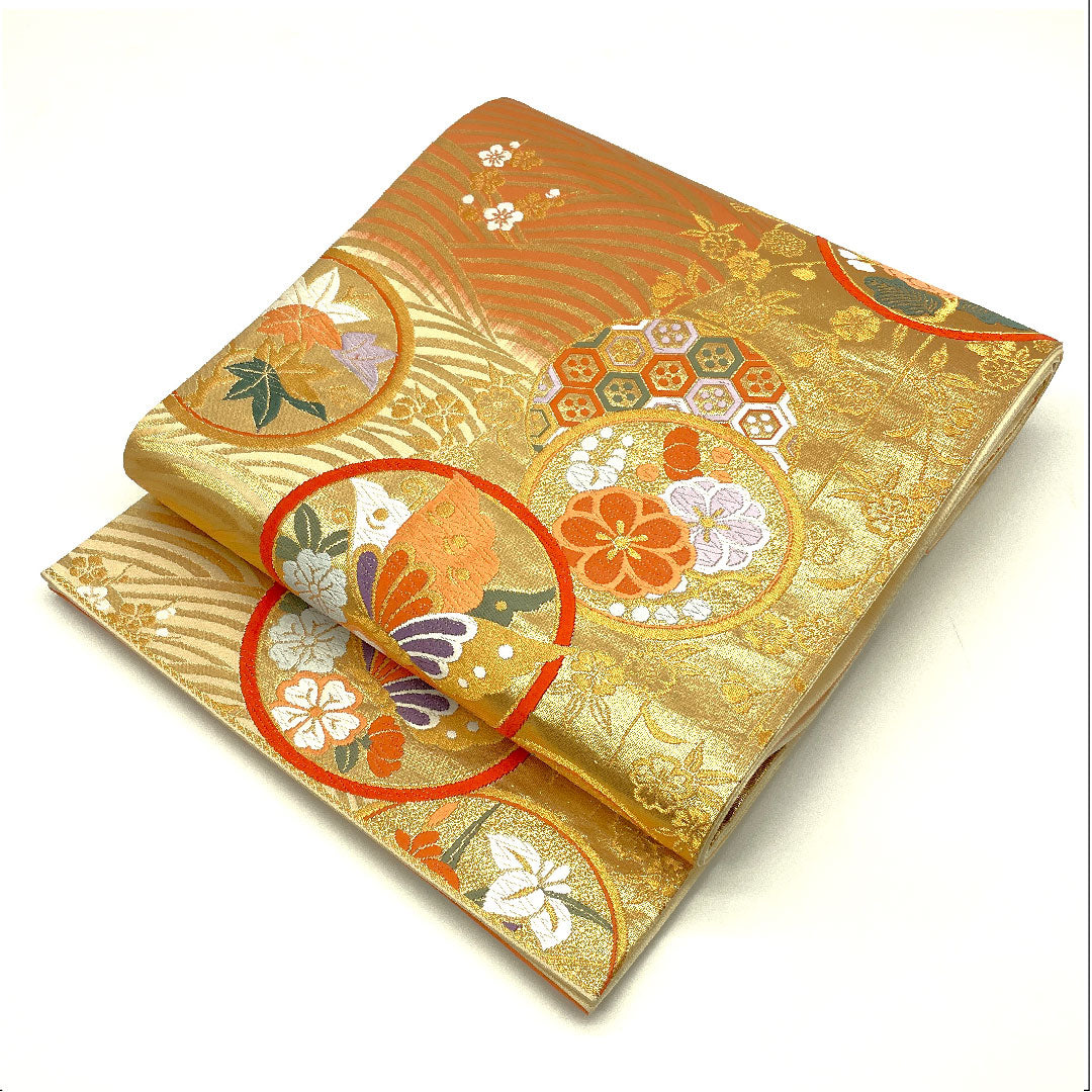 袋帯 蝶 波模様 草花模様 有職波桜文 帯丈428cm 正絹 Aランク 六通 フォーマル 金系 1123004363321