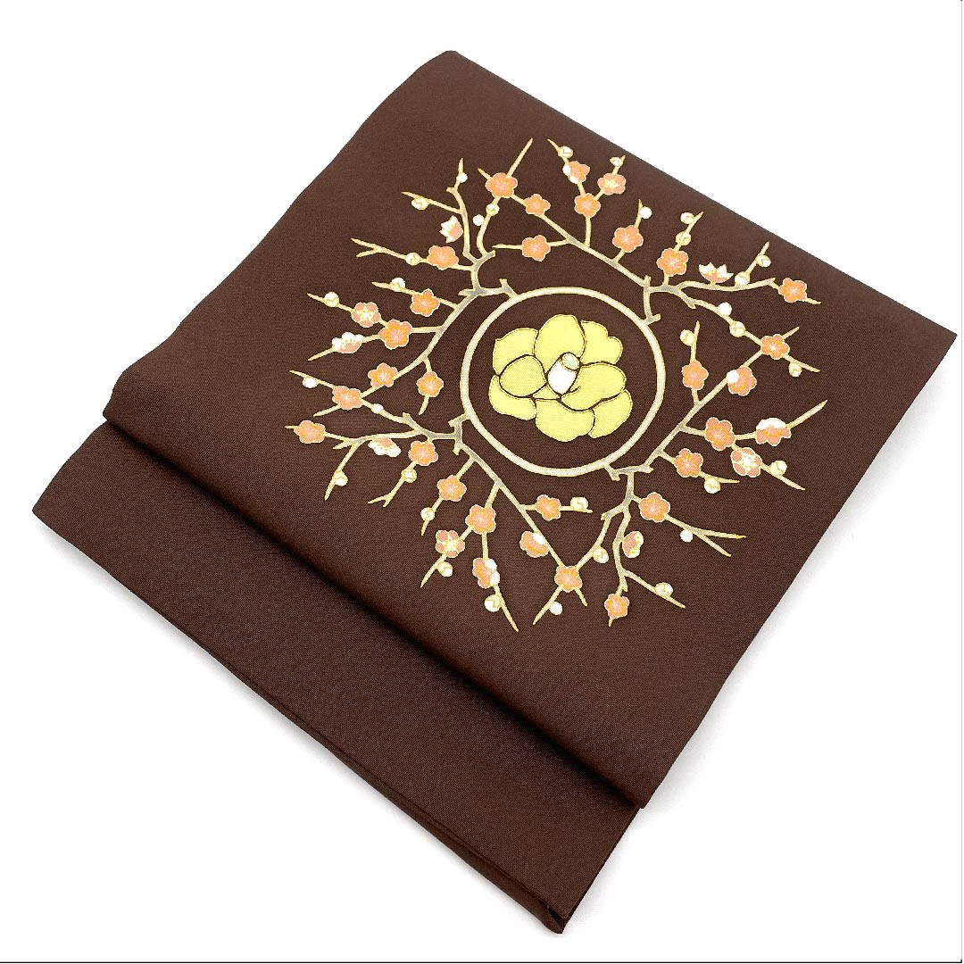 Nagoya obi, boiled black color, Shiose, floral pattern, dyed obi, obi length 375cm, pure silk, A rank, point pattern, semi-formal, brown, 1124003543314, Nagoya style