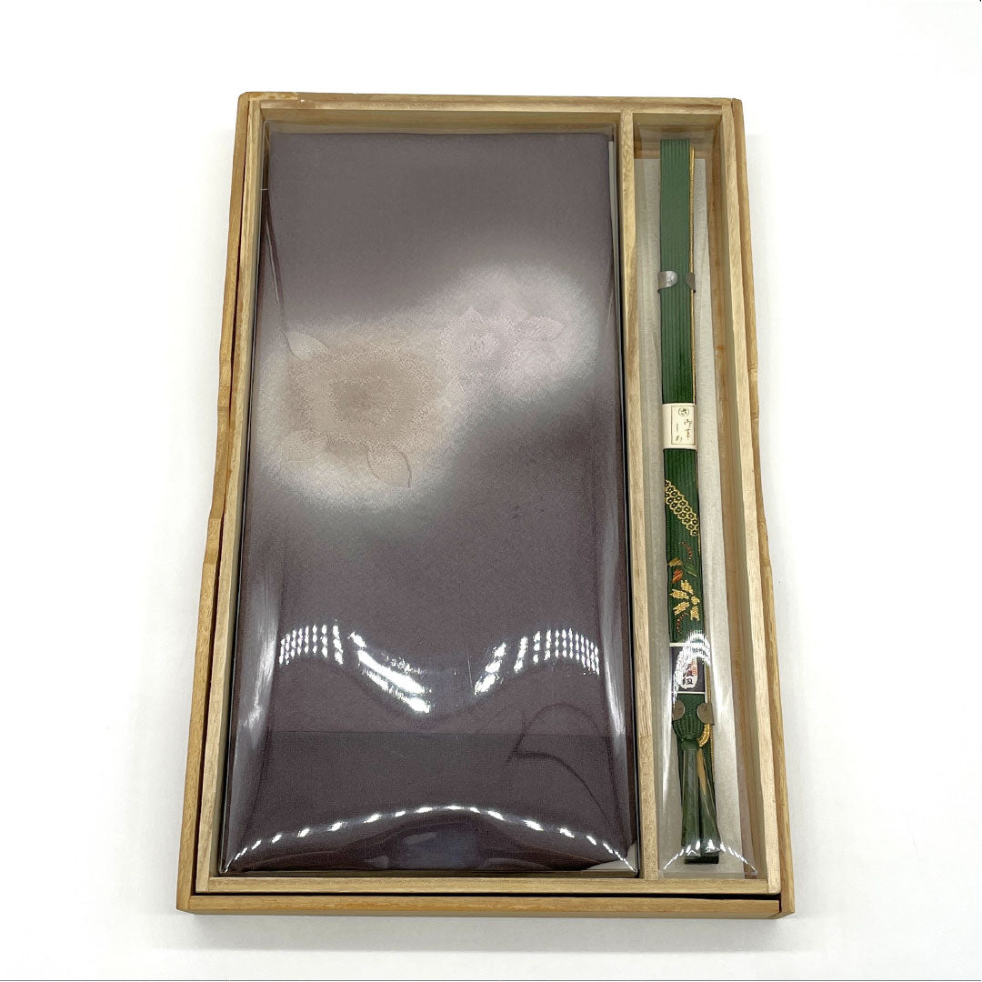Unused (New Old Stock) Obiage & Obijime Set, Pure Silk, New Rank, Seishitsu-iro (bluish black), Imatsuruhai-iro (grayish blue), Hand-braided Cord, Floral Pattern, Length approx. 160cm, Width approx. 1.5cm, Casual, Green hues, 1141000561319