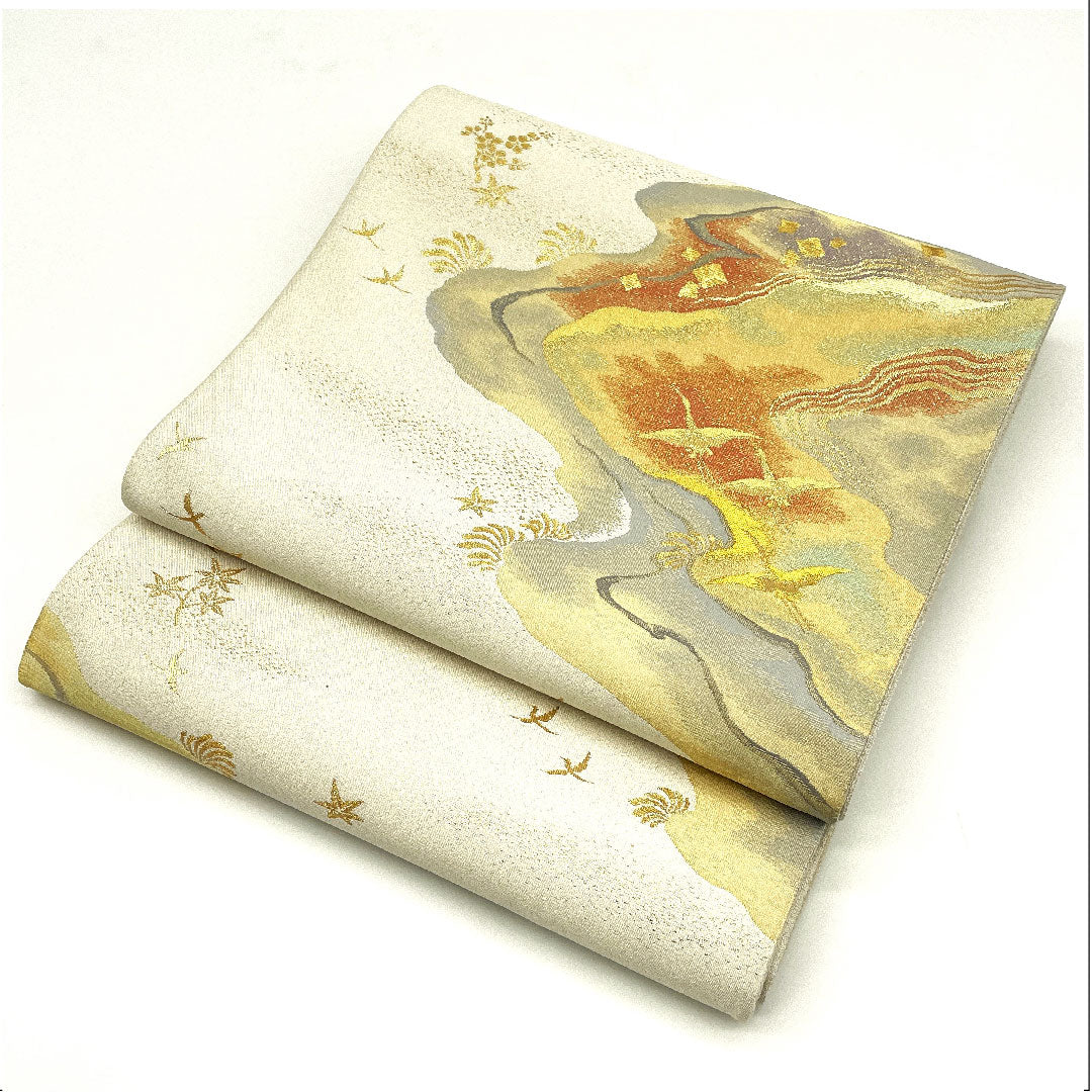 【未仕立】袋帯 正絹 NEWランク となみ織物 流麗州浜文    帯丈454cm 六通 フォーマル 銀系 1123003571422