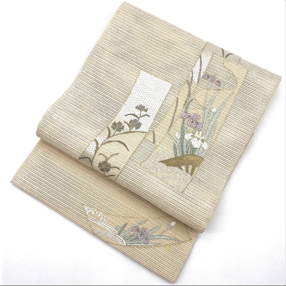 Nagoya obi, natural color, summer obi, silk, iris, cosmos, flowing water, obi length 366cm, pure silk, S rank, point pattern, formal, cream color, 1124004472315, open style