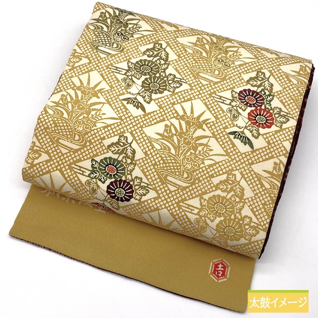 Nagoya obi, gold (kanairo), artist work, Kuriyama Kobo, Japanese dyed red pattern, obi length 392cm, pure silk, A rank, six-pass, casual, beige, 1124008253425, Nagoya tailoring