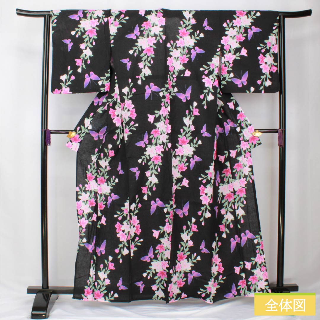 Cotton Yukata, Length 163cm, Sleeve Length 64cm, S Rank, Single Layer, Black, Iron Wire, Butterfly Design, 1118006082410