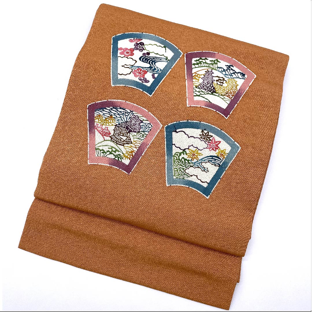 Nagoya obi, Spicy color, Chirimen fabric, Fan pattern, Four seasons scenery pattern, Obi length 390cm, Pure silk, S rank, Point pattern, Casual, Pink, 1124004682313, Nagoya style