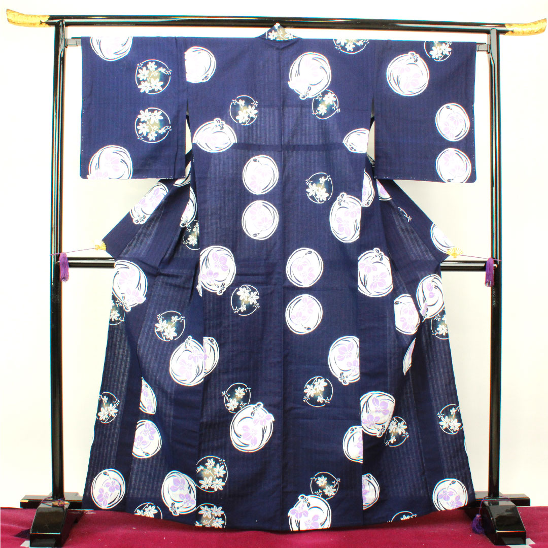 Yukata with basting thread, unused, dark blue, iris, cotton, S rank, single layer, length 166cm, sleeve length 67.5cm, navy blue, 1118002822518