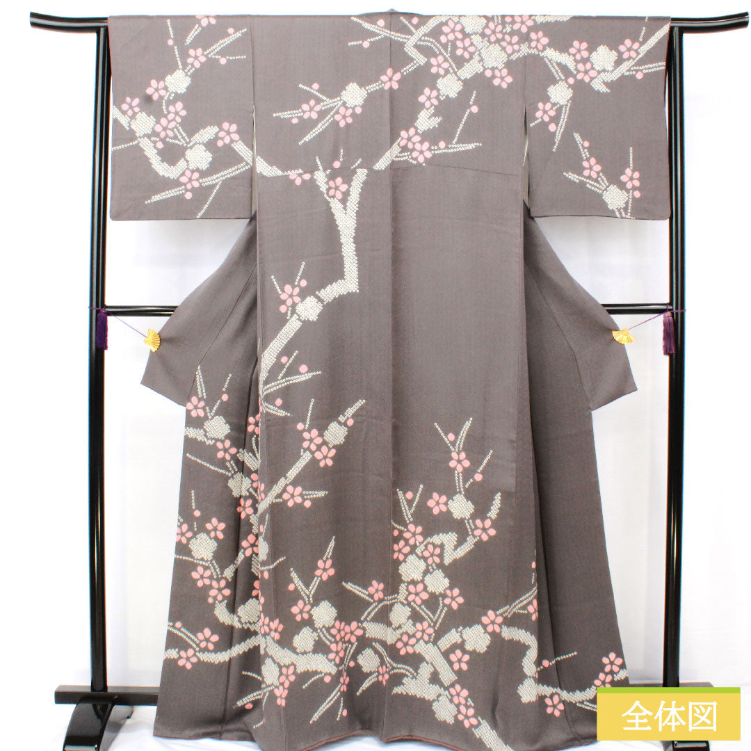 Homongi, pure silk, lined, length 164cm, sleeve length 63.5cm, indigo grey, partially dyed, cherry blossom, A rank, grey, 1112005773422