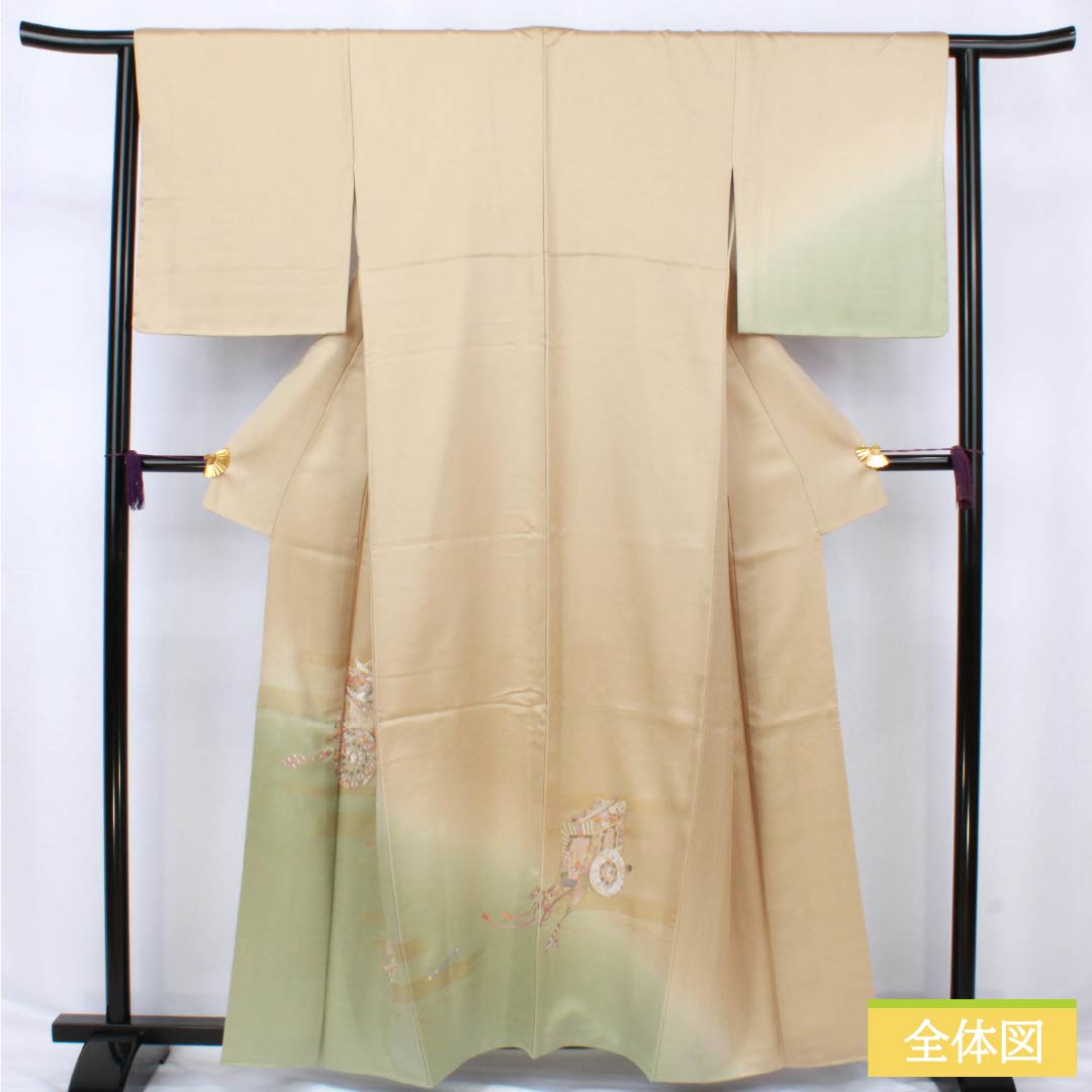 Visiting Kimono (Homongi) - Pure Silk, Grade A, Lined, Length 159cm, Sleeve Length 63.5cm, Walnut Color, Suzhou Embroidery, Tsukesage, Imperial Carriage Design, Beige, Product Number: 1112006663325