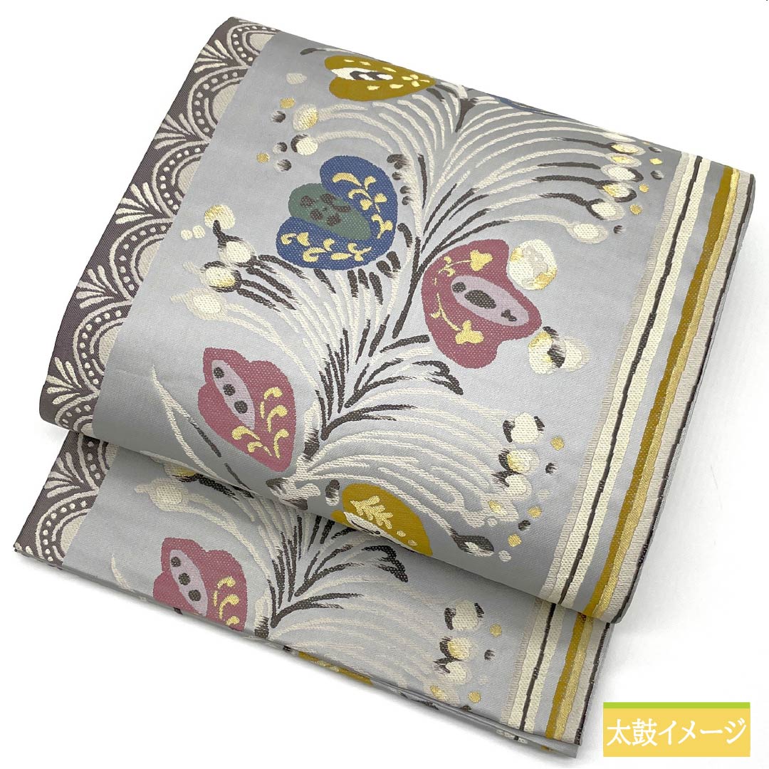 Fukuro Obi, Pure Silk, Mercury Color, Abstract Flowers, Length 434cm, S Rank, Six-way, Casual, Gray, 1123013012322
