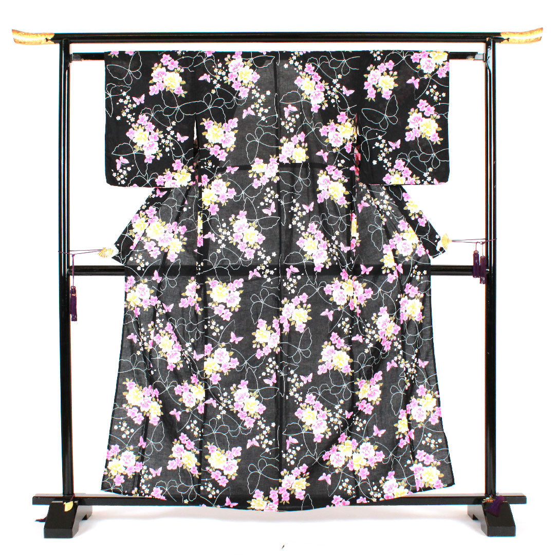 浴衣 花模様 木綿 Sランク 単衣 身丈161cm 裄丈60cm 黒系 1118000932410