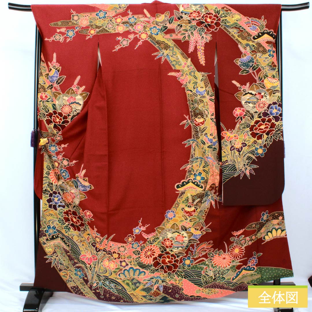 Kimono (Furisode) Pure Silk A Rank, Length 164.5cm, Sleeve-to-sleeve 67.5cm, Lined, Oxblood Red, Kyo-Bingata, Auspicious Motifs, Yume Guard Processed, Red tones, 1113002923412