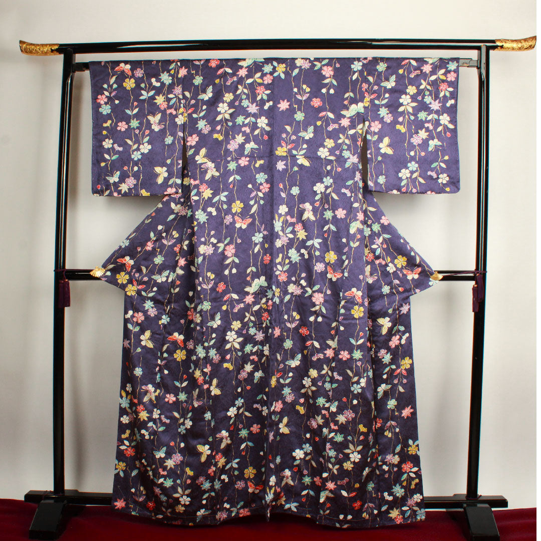 小紋 身丈164.5cm 裄丈65cm 袷  江戸紫色 絞り 花模様  正絹 Sランク 紫系 1115002332420