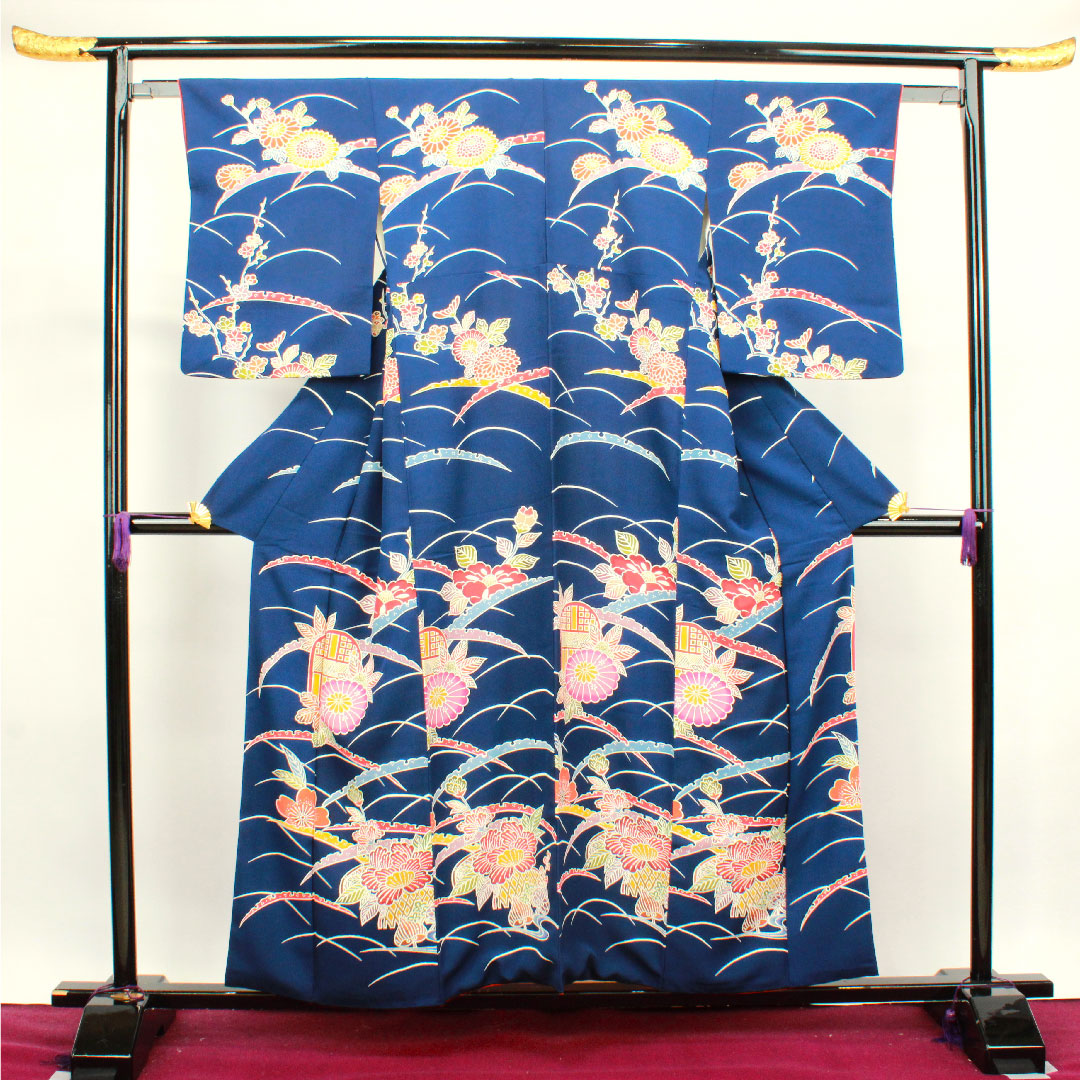 小紋 身丈156.5cm 裄丈62cm 袷  紺藍色 京紅型 菊 露芝  正絹 Sランク 紺系 1115003382318