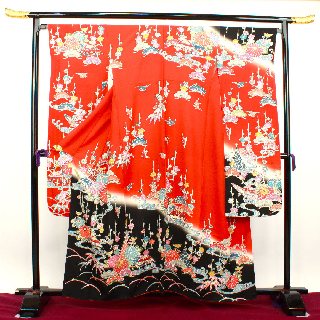 Long-sleeved kimono, length 158cm, sleeve length 66cm, lined, scarlet, Kyoto Bingata, pine, bamboo, plum, chrysanthemum, bird, auspicious motif, pure silk, S rank, red, 1113001602312