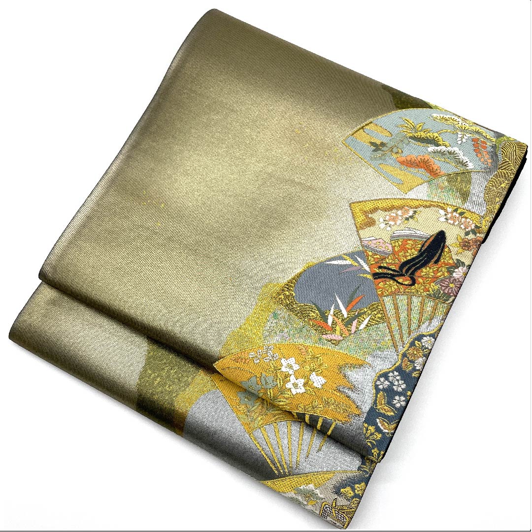 【未仕立】袋帯 正絹 Aランク 紀州茶色（きしゅうちゃいろ） 紫式部 扇 一蔵  帯丈462cm 六通 フォーマル グレー系 1123007943422