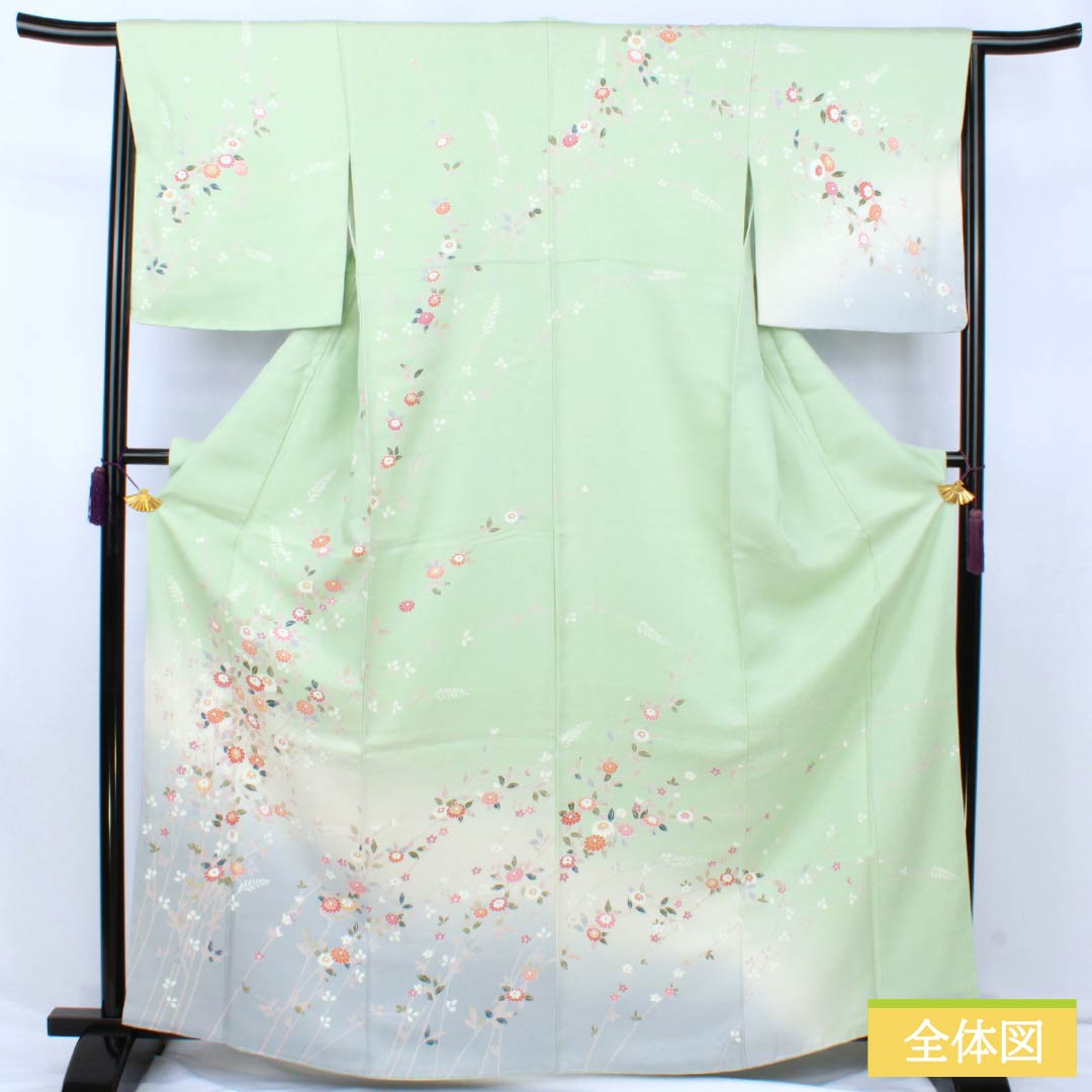 訪問着 正絹 Sランク 袷 身丈166.5cm 裄丈62cm 薄緑色（うすみどりいろ） 京友禅 草花 しつけ糸付き 緑系 1112007602519