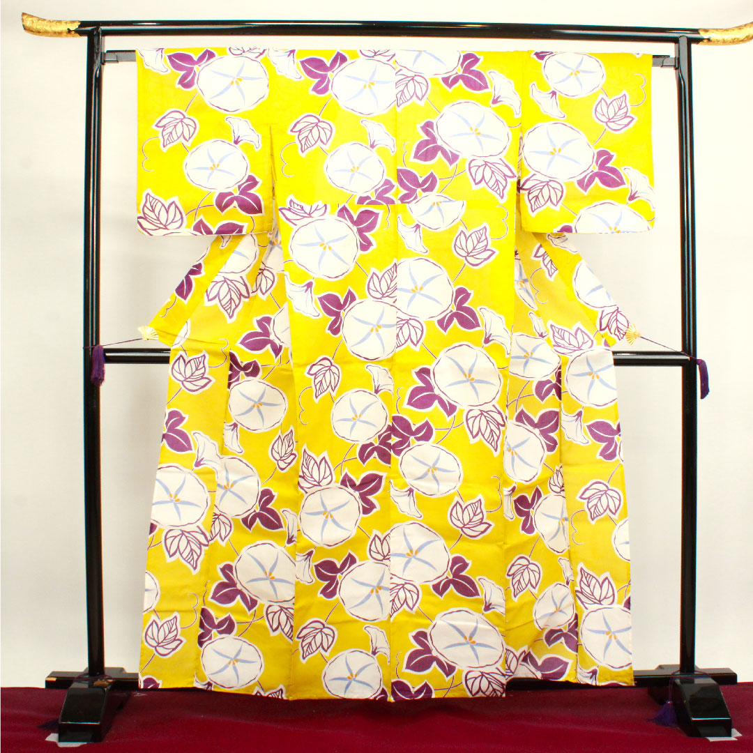 浴衣 黄蘗色 朝顔 木綿 Sランク 単衣 身丈161.5cm 裄丈64.5cm 黄系 1118003682423