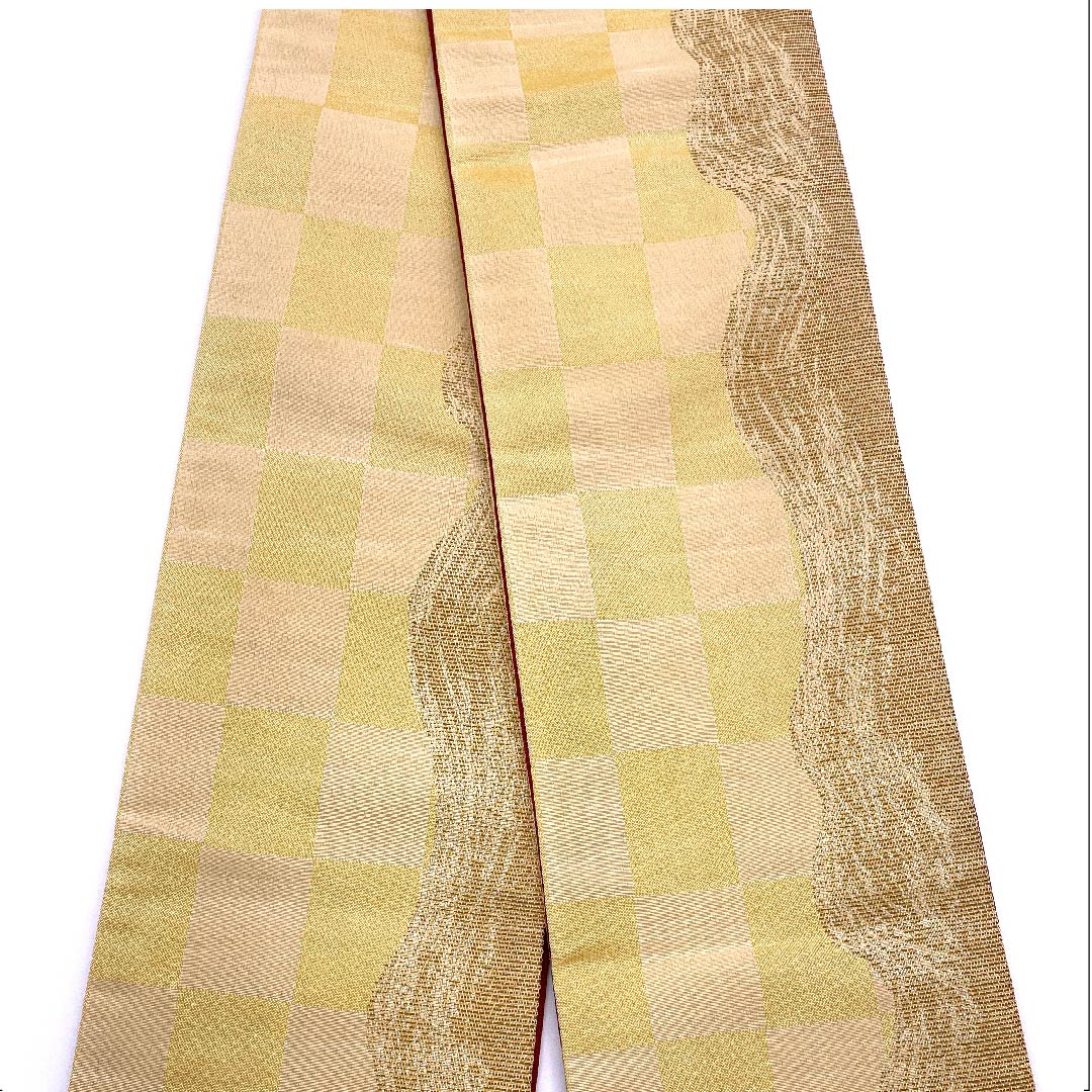 Half-width obi, polyester, Kuchinashiro (Japanese sedge color), reversible, checkered pattern, wave pattern, obi length 408cm, yellow, S rank, 1125000992423