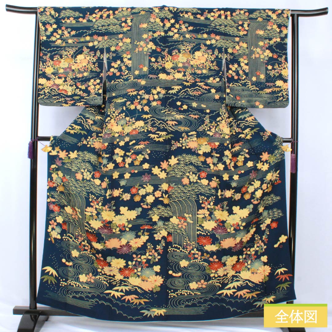 Visiting Kimono, Pure Silk, Grade A, Lined, Length 160cm, Sleeve Length 64.5cm, Navy Blue, Stencil Dyed, Flowing Water, Small Flowers, Navy Blue, Item Number: 1112006913418