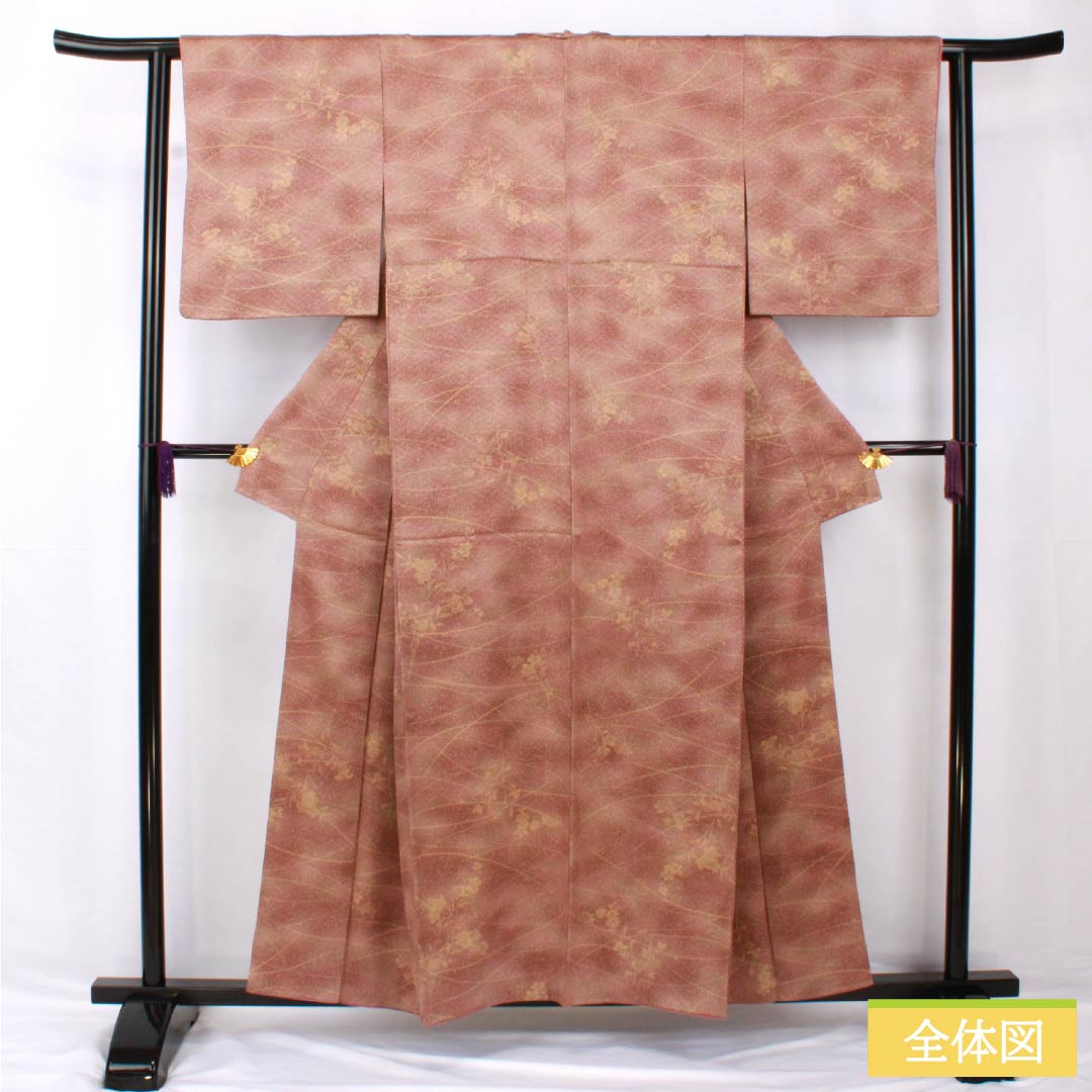 Komon, pure silk, length 157.5cm, sleeve length 62.5cm, lined, chestnut plum color, water persimmon color, stencil dyeing, dew grass, flowers, S rank, gradation type, 1115005392399
