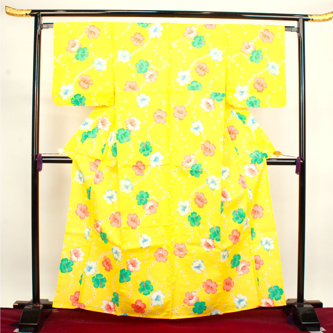 Yukata with basting thread, unused, sunflower color, hibiscus, cotton, S rank, single layer, length 164cm, sleeve length 64.5cm, yellow, 1118002732423