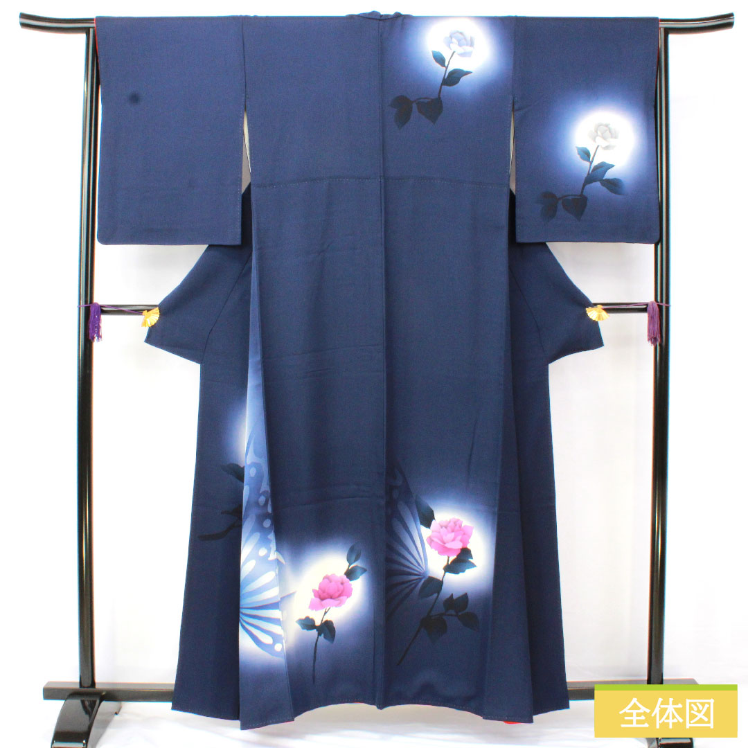 Homongi, pure silk, lined, length 159cm, sleeve length 65cm, dark blue, butterfly, rose, A rank, navy blue, 1112005883318