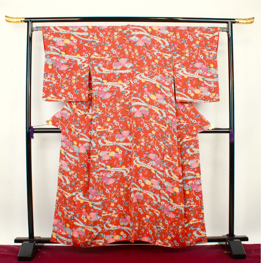 小紋 身丈157.5cm 裄丈64.5cm 袷 赭色 京紅型 草花模様  正絹 Sランク 茶系 1115002462314