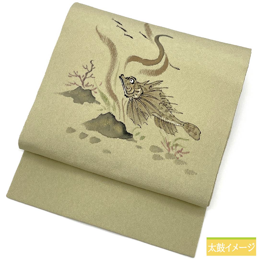 Nagoya Obi, Pure Silk, Grade A, Rikyu White Brown (Rikyu Shirachairo), Dyed Obi, Chirimen Fabric, Okoze Pattern, 360cm Long, Pointed Pattern, Casual, Green, Product Number: 1124010543319, Nagoya Style