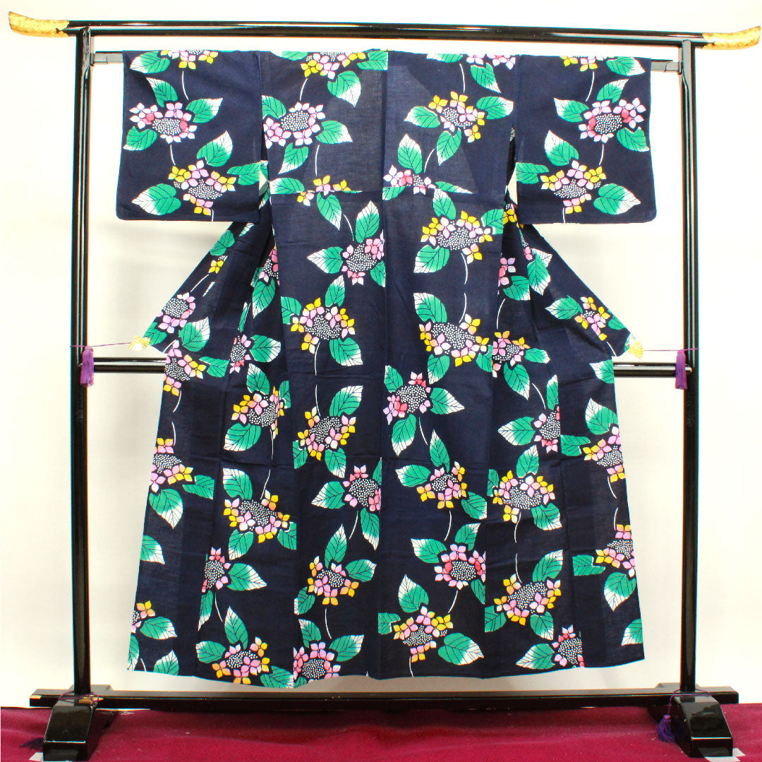 Yukata, dark blue, hydrangea, cotton, S rank, single layer, length 150.5cm, sleeve length 64cm, navy blue, 1118003062118