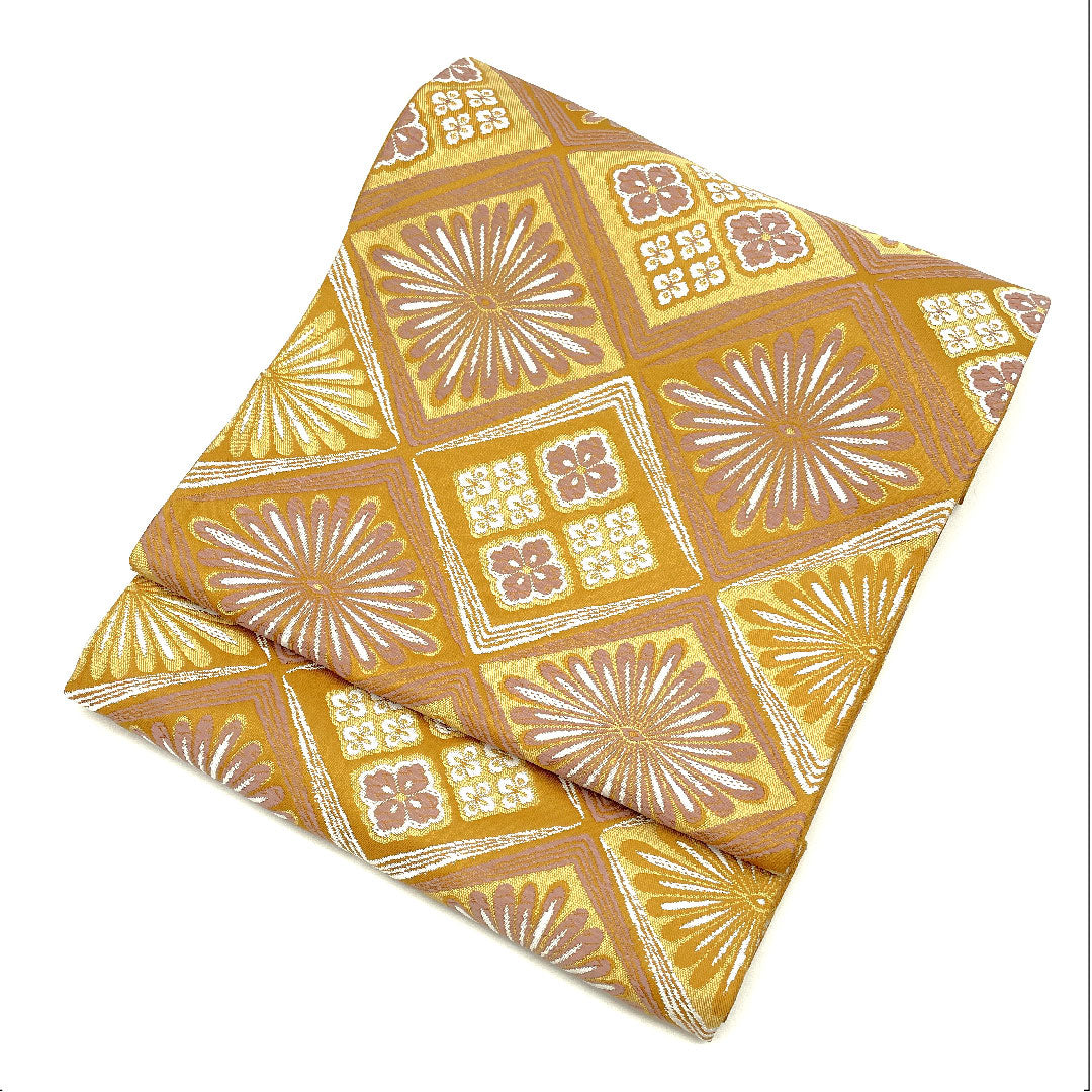 [Unstitched] Silk Fukuro Obi, S Rank, Kigara-cha (brownish-yellow), Jomon-nishiki, Shosoin Pattern, Obi Length 457cm, Roku-tsu (six-panel pattern), Semi-formal, Yellow family, 1123004772423