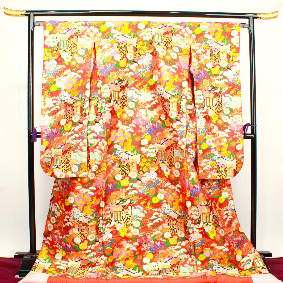 色打掛 身丈192cm  緋色 唐織 御所車 吉祥文様 正絹 Aランク 袷 朱系 1110000242916