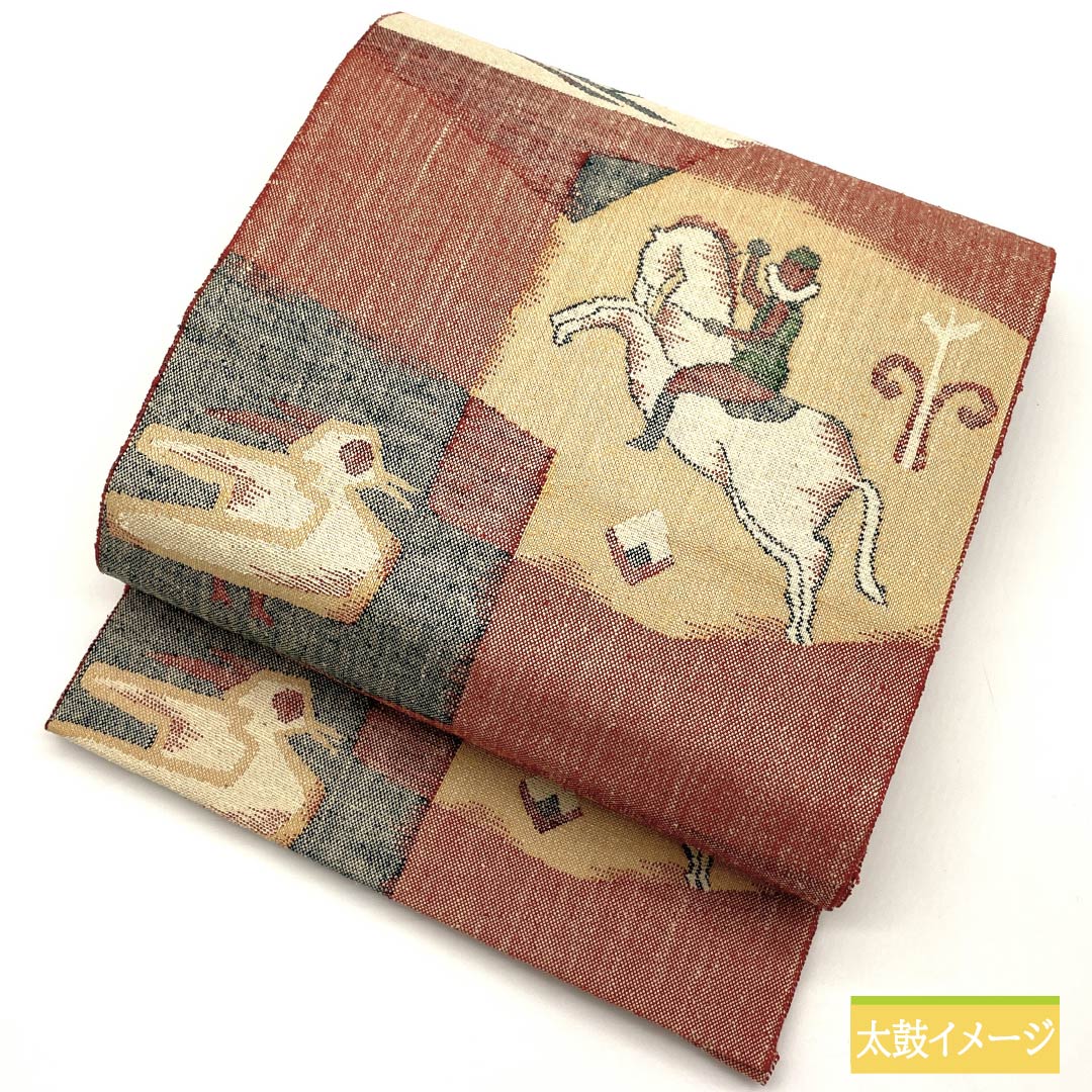 Nagoya obi, cinnabar color, pongee fabric, horse riding, bird, obi length 359.5cm, pure silk, S rank, six-pass, casual, vermilion, 1124007492316, Matsuba style