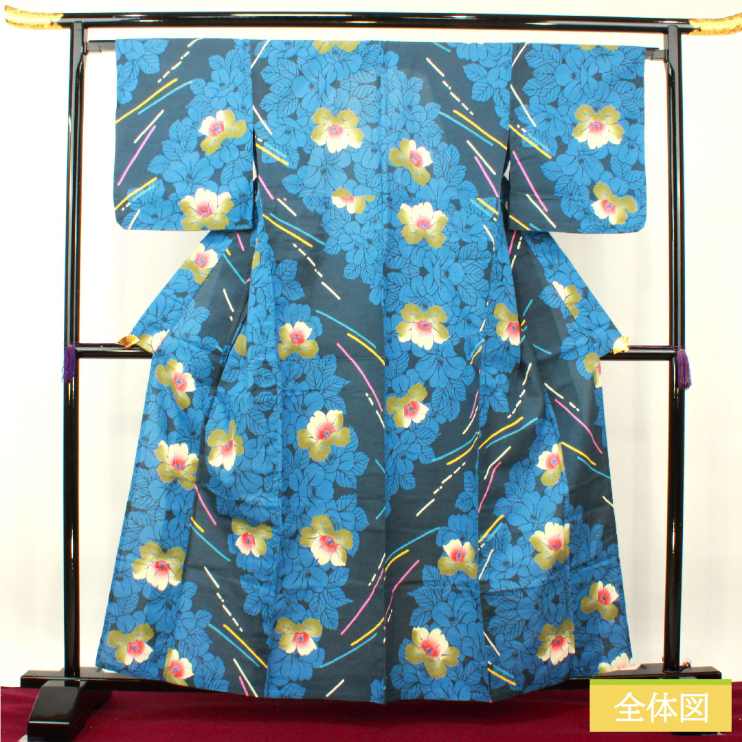 Yukata Cotton Length 161cm Sleeve length 65.5cm S rank Single layer Navy blue Navy iron color Camellia 1118005172418