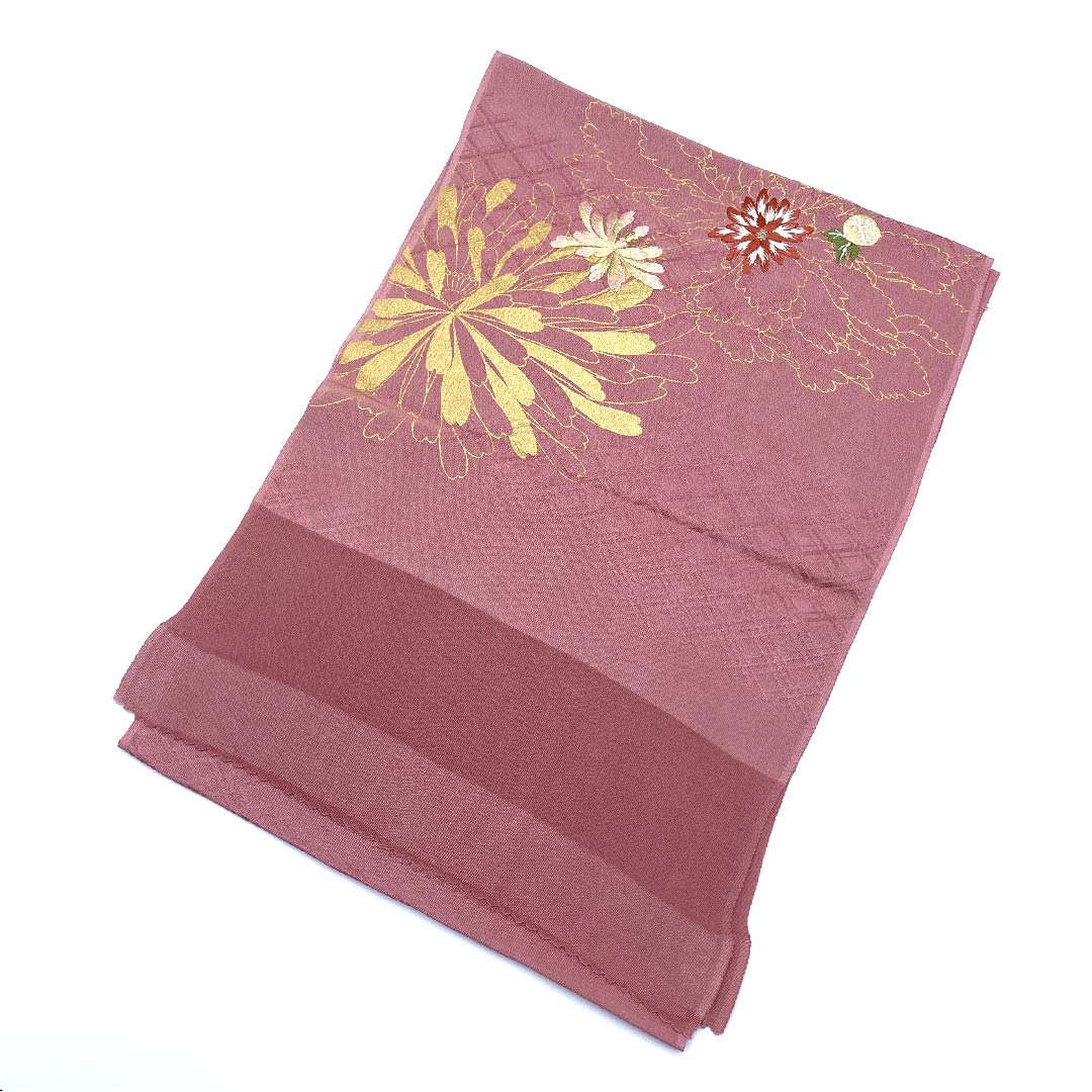 (New old stock) Formal obiage, pure silk, light pink plum color, embroidered flowers, new old stock, length 162cm, width 30cm, S rank, pink, 1136000142913