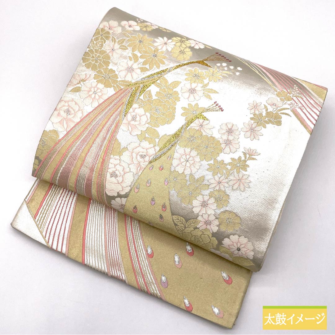 Pure silk fukuro obi for furisode, peacock and flower pattern, obi length 442cm, S rank, six-way, formal, silver, 1123013972322