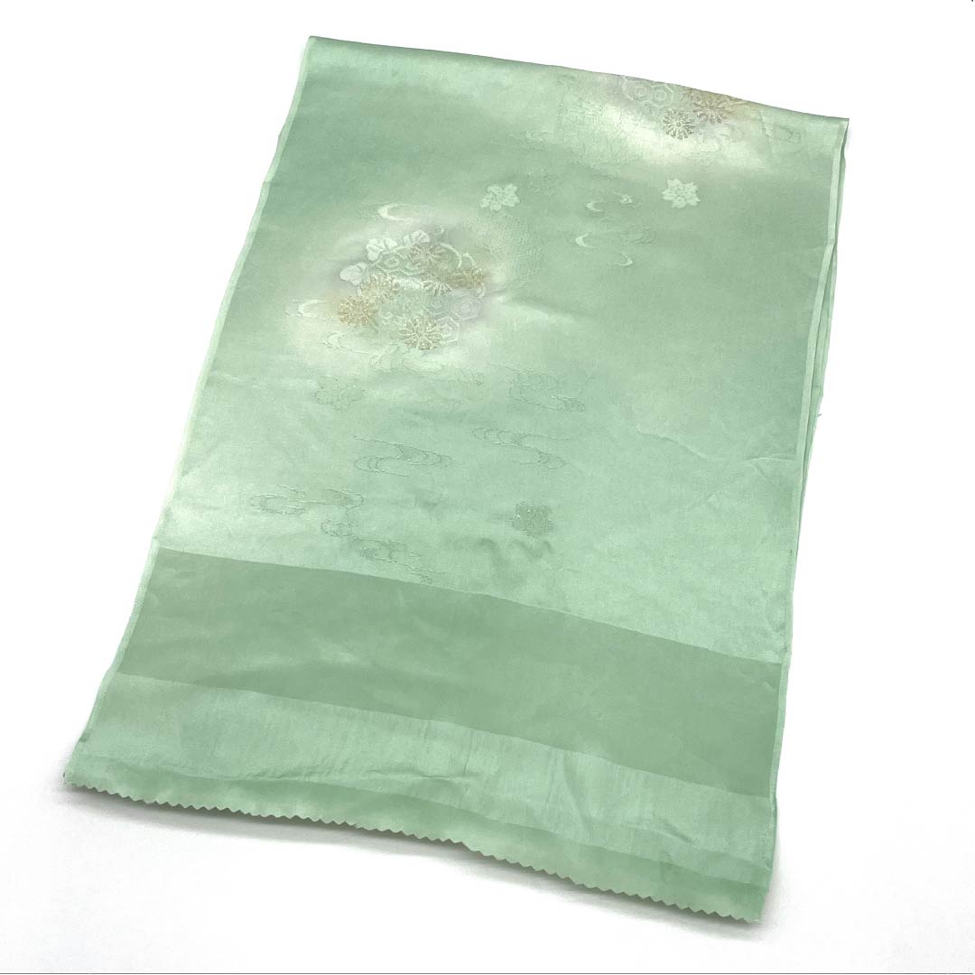 帯揚げ 正絹 Aランク セミフォーマル 薄緑色（うすみどりいろ） 桜 流水 亀甲 長さ約180cm 幅約30.5cm 緑系 1136002443919