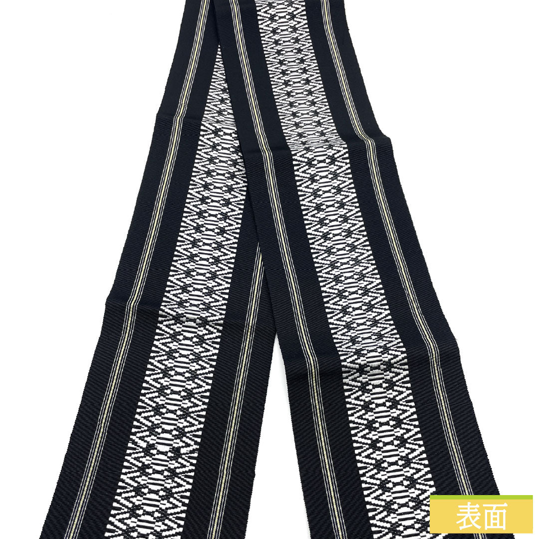 [Unhemmed] Half-width Obi, pure silk, NEW rank, black (kuroiro), authentic Chikuzen Hakata-ori, Kenjo pattern, Dokko, Koko stripe, Obi length 380cm, black family, 1125001831310