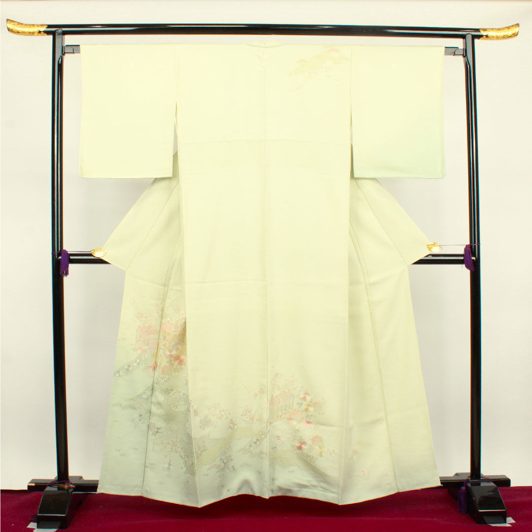 訪問着 袷 身丈159.5cm 裄丈65cm 翠山刺繡 利休白茶色 汕頭刺繡 蘇州刺繡 片喰 正絹 Sランク 緑系 1112002242319